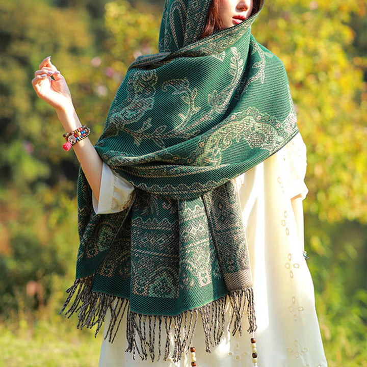 Bufanda chal térmica suave con borlas y estampado étnico de cachemira y plantas de jacquard con Buddha Stones - Vides de color verde mar medio - 70-190 cm - image 0