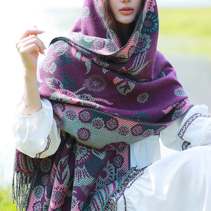 Bufanda chal térmica suave con borlas y estampado étnico de cachemira y plantas de jacquard con Buddha Stones - Flores moradas - 70-190 cm - image 28