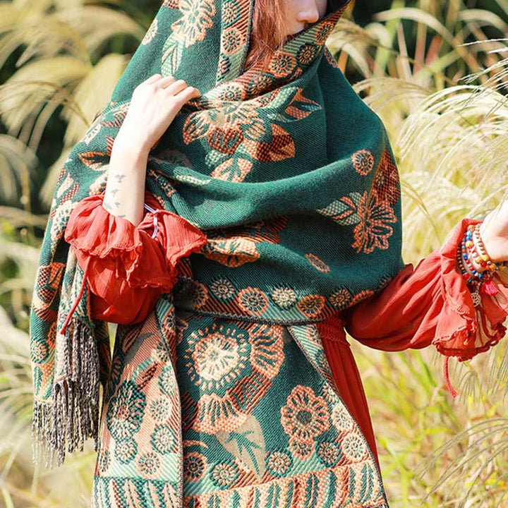 Bufanda chal térmica suave con borlas y estampado étnico de cachemira y plantas de jacquard con Buddha Stones - Floral verde mar - 70-190 cm - image 31