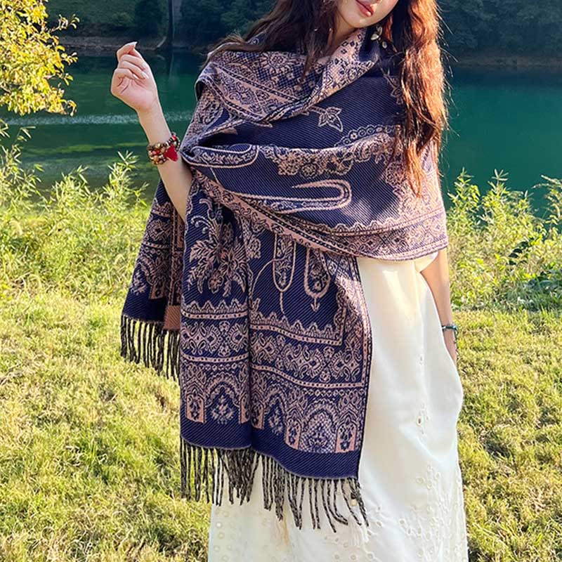 Bufanda chal térmica suave con borlas y estampado étnico de cachemira y plantas de jacquard con Buddha Stones - Paisley índigo - 70-190 cm - image 10