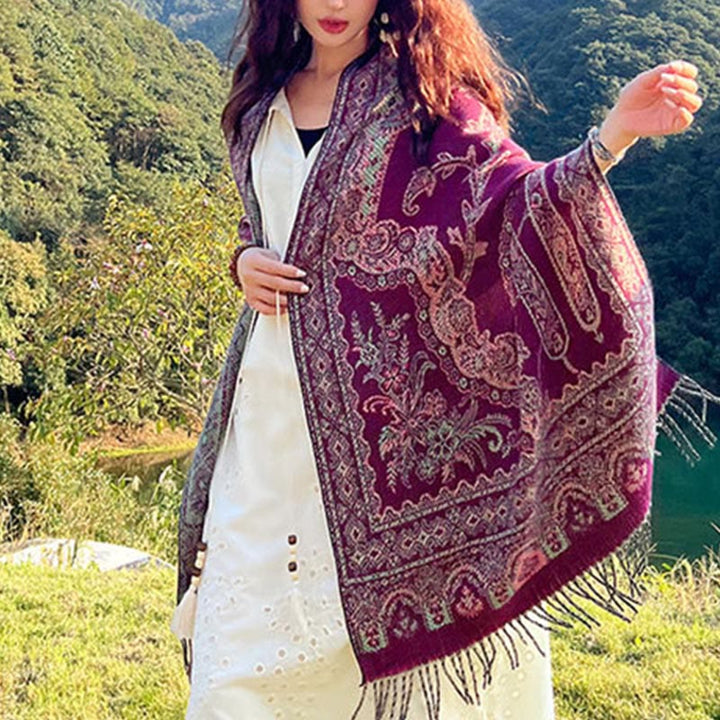 Bufanda chal térmica suave con borlas y estampado étnico de cachemira y plantas de jacquard con Buddha Stones - image 16