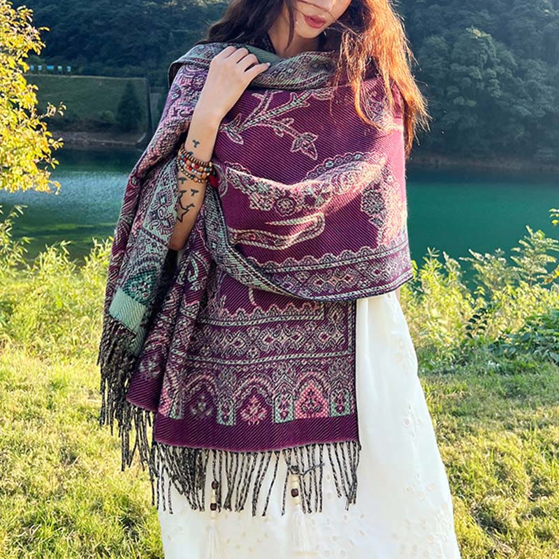 Bufanda chal térmica suave con borlas y estampado étnico de cachemira y plantas de jacquard con Buddha Stones - Enredaderas Paisley Magenta Oscuro - 70-190 cm - image 15