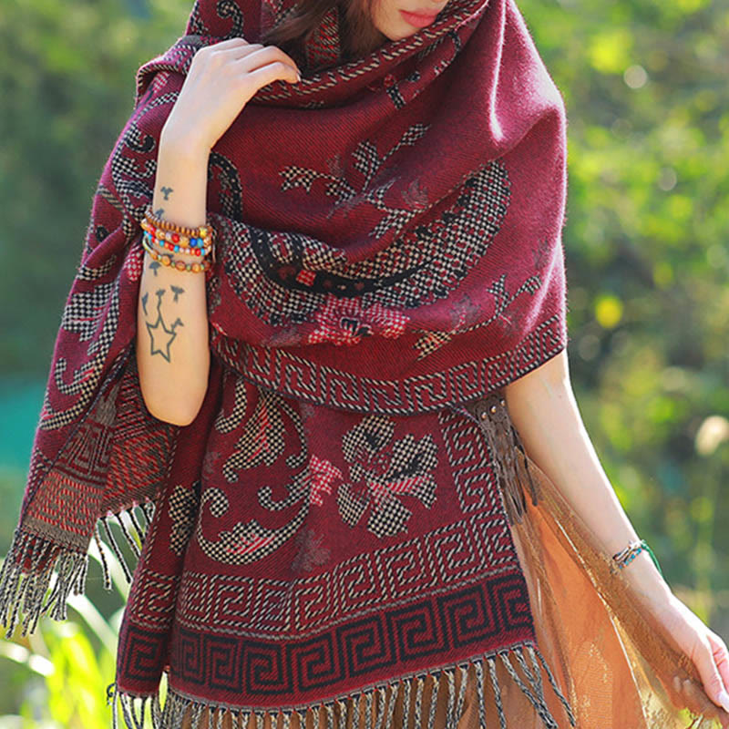 Bufanda chal térmica suave con borlas y estampado étnico de cachemira y plantas de jacquard con Buddha Stones - image 39
