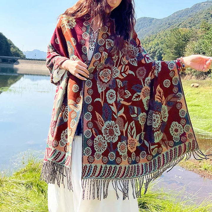 Bufanda chal térmica suave con borlas y estampado étnico de cachemira y plantas de jacquard con Buddha Stones - Floral rojo oscuro - 70-190 cm - image 25