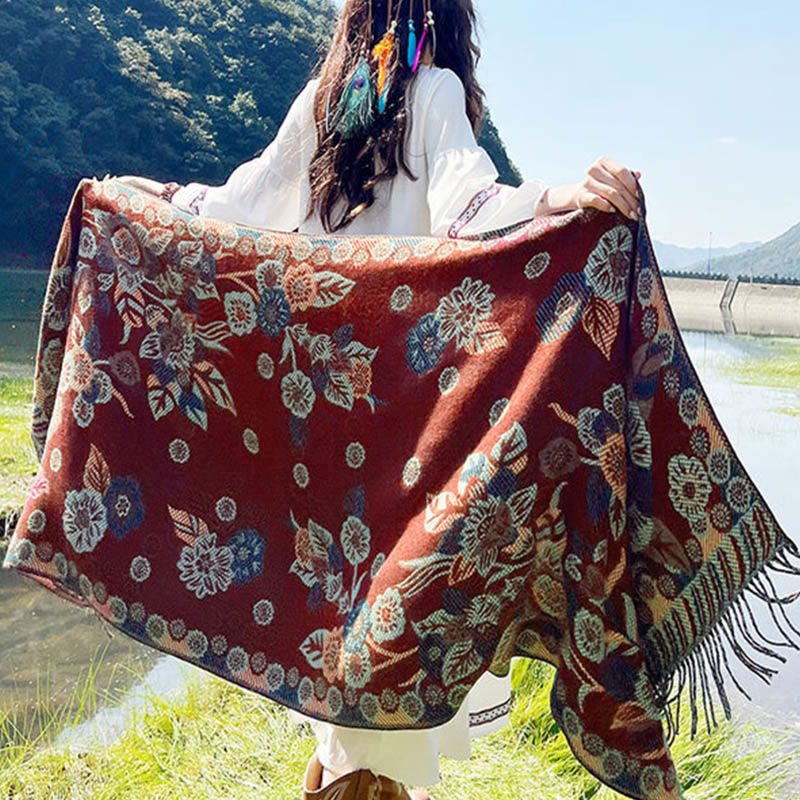 Bufanda chal térmica suave con borlas y estampado étnico de cachemira y plantas de jacquard con Buddha Stones - image 27