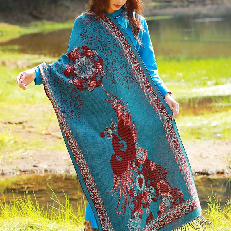 Bufanda chal térmica suave con borlas y estampado étnico de cachemira y plantas de jacquard con Buddha Stones - Enredaderas cian oscuro Pájaro Floral - 70-190 cm - image 45