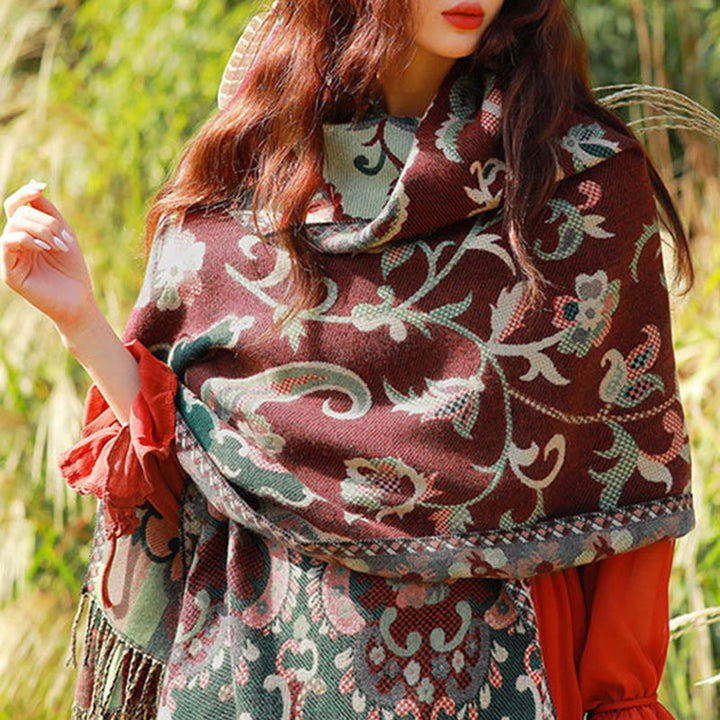 Bufanda chal térmica suave con borlas y estampado étnico de cachemira y plantas de jacquard con Buddha Stones - image 6