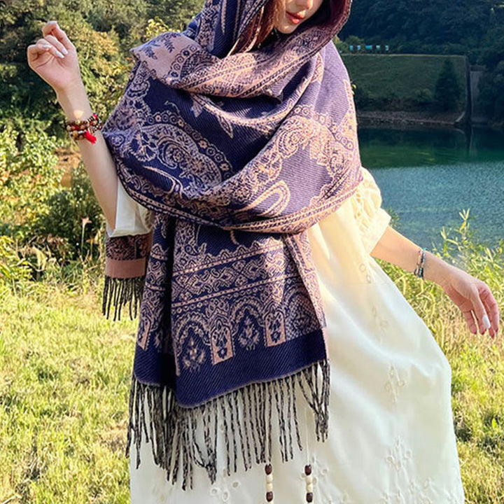 Bufanda chal térmica suave con borlas y estampado étnico de cachemira y plantas de jacquard con Buddha Stones - image 11