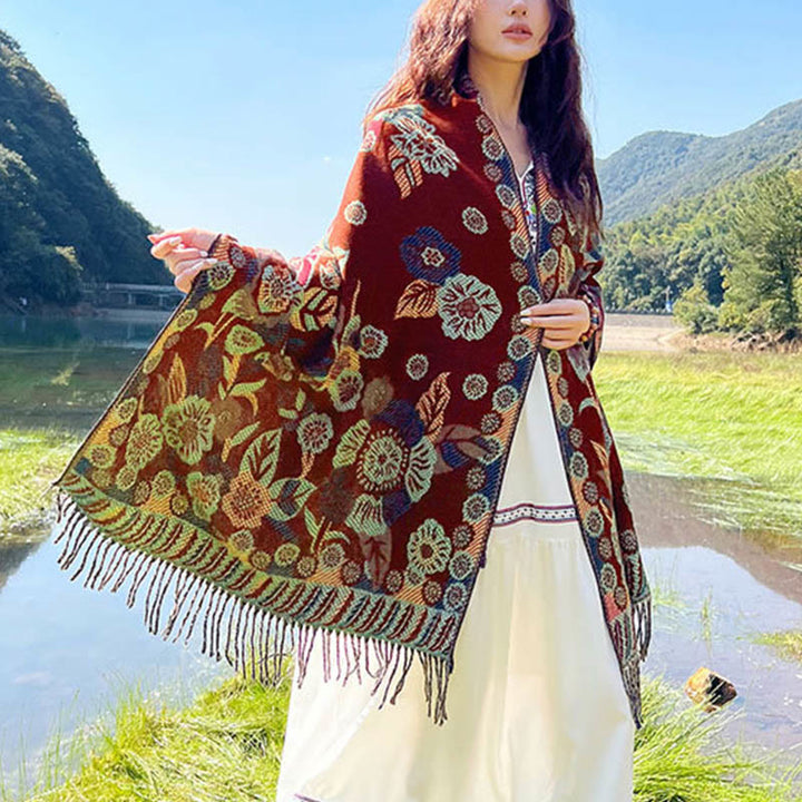 Bufanda chal térmica suave con borlas y estampado étnico de cachemira y plantas de jacquard con Buddha Stones - image 26