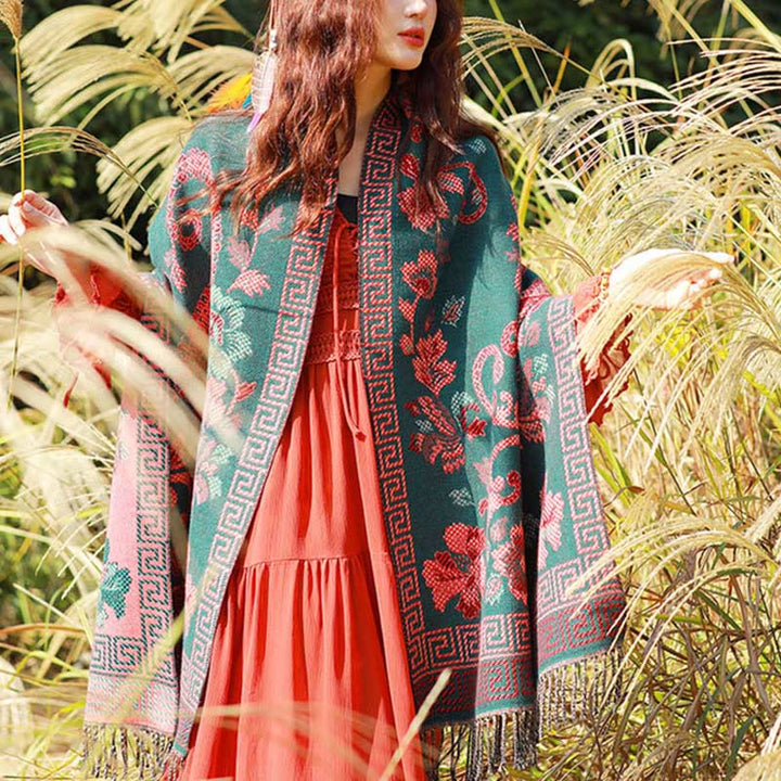 Bufanda chal térmica suave con borlas y estampado étnico de cachemira y plantas de jacquard con Buddha Stones - image 36