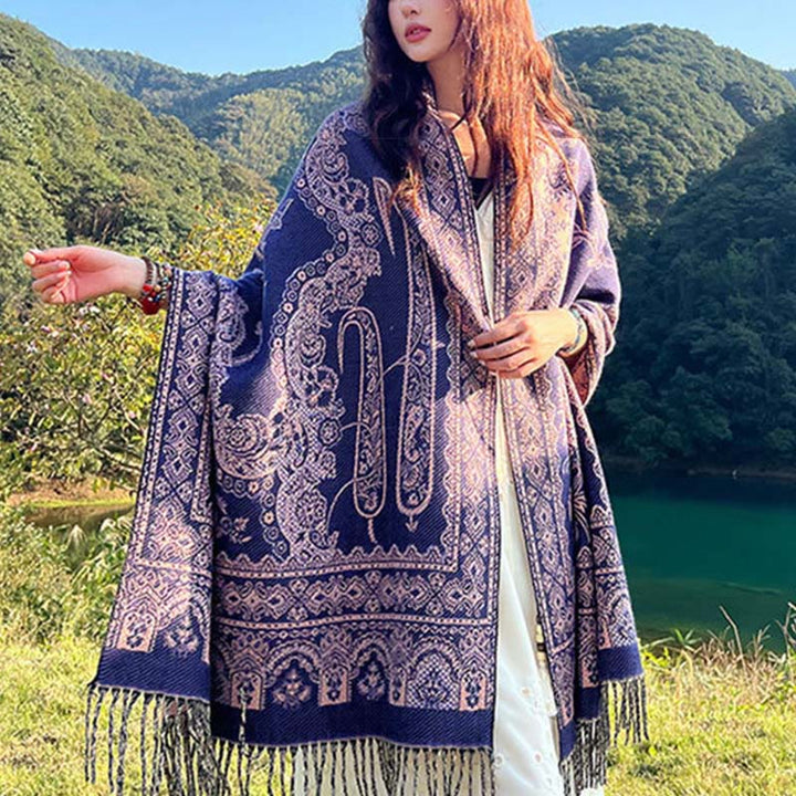Bufanda chal térmica suave con borlas y estampado étnico de cachemira y plantas de jacquard con Buddha Stones - image 13