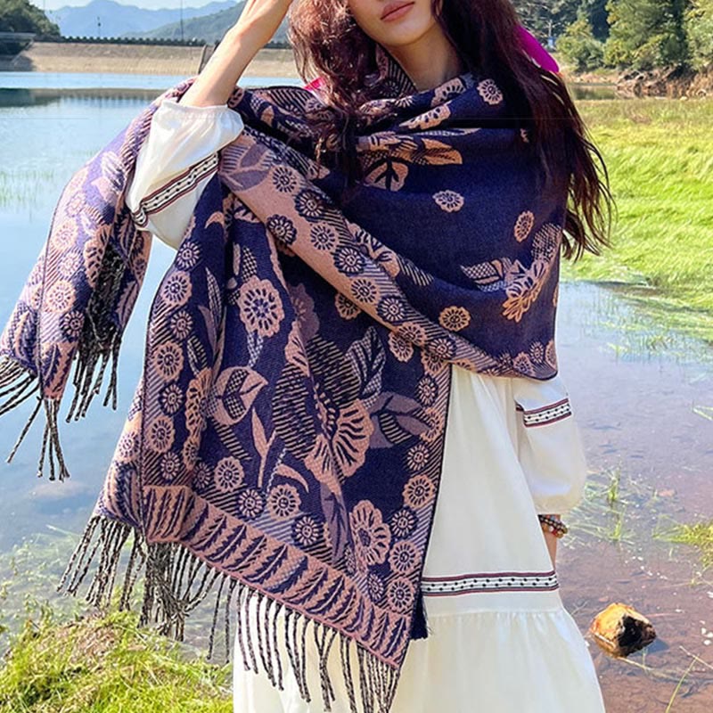 Bufanda chal térmica suave con borlas y estampado étnico de cachemira y plantas de jacquard con Buddha Stones - image 23