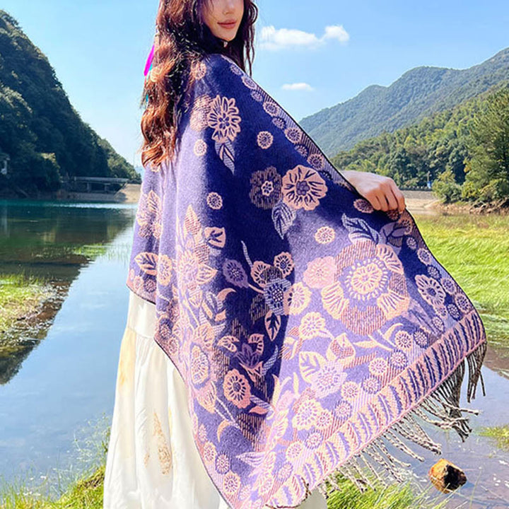 Bufanda chal térmica suave con borlas y estampado étnico de cachemira y plantas de jacquard con Buddha Stones - image 24