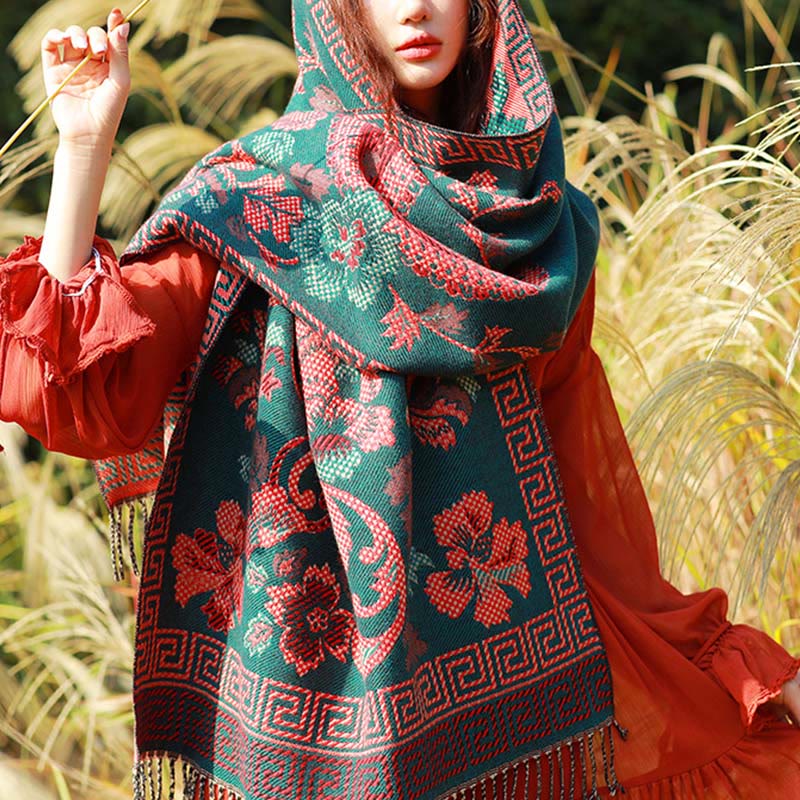 Bufanda chal térmica suave con borlas y estampado étnico de cachemira y plantas de jacquard con Buddha Stones - Floral cian oscuro - 70-190 cm - image 34