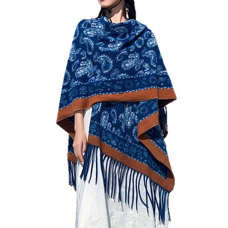 Bufanda chal con borlas y diseño de patchwork con estampado paisley azul marino de Buddha Stones - image 7