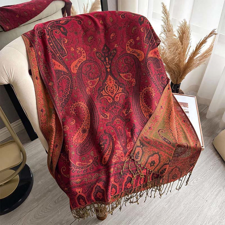 Bufanda/chal con borlas y estampado floral paisley de Buddha Stones para primavera - Carmesí - 195*70cm - image 16