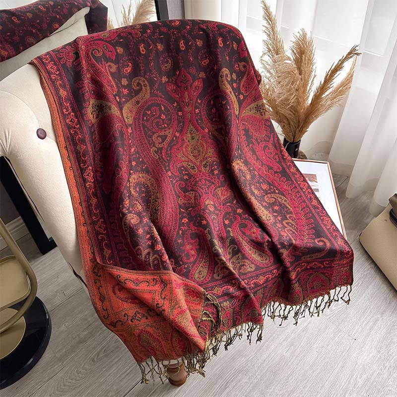 Bufanda/chal con borlas y estampado floral paisley de Buddha Stones para primavera - Rojo oscuro - 195*70cm - image 4