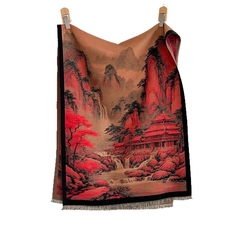 Bufanda chal gruesa y acogedora con borlas y estampado de paisaje invernal de Buddha Stones - image 5