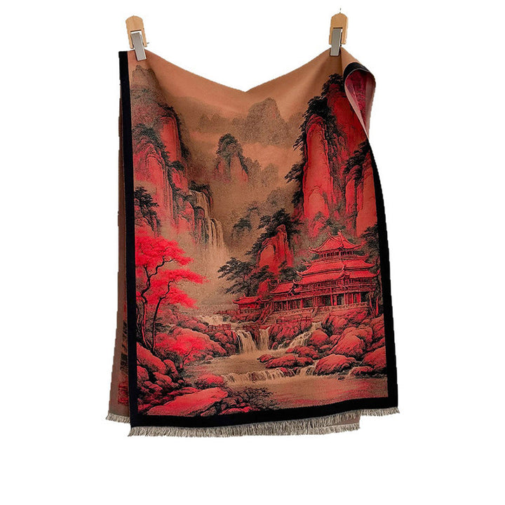 Bufanda chal gruesa y acogedora con borlas y estampado de paisaje invernal de Buddha Stones - image 5