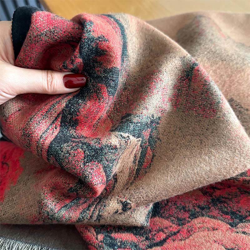 Bufanda chal gruesa y acogedora con borlas y estampado de paisaje invernal de Buddha Stones - image 3