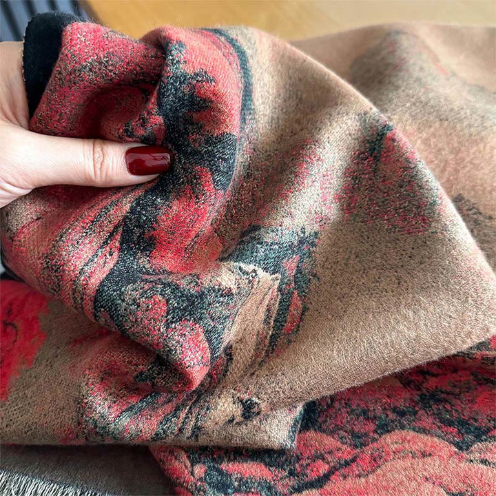 Bufanda chal gruesa y acogedora con borlas y estampado de paisaje invernal de Buddha Stones - image 3