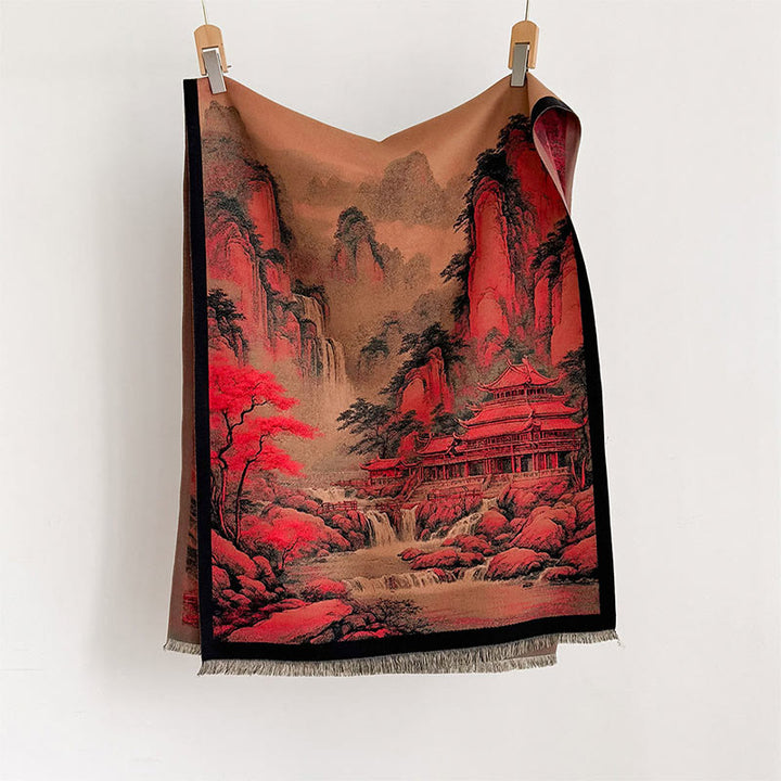 Bufanda chal gruesa y acogedora con borlas y estampado de paisaje invernal de Buddha Stones - image 1