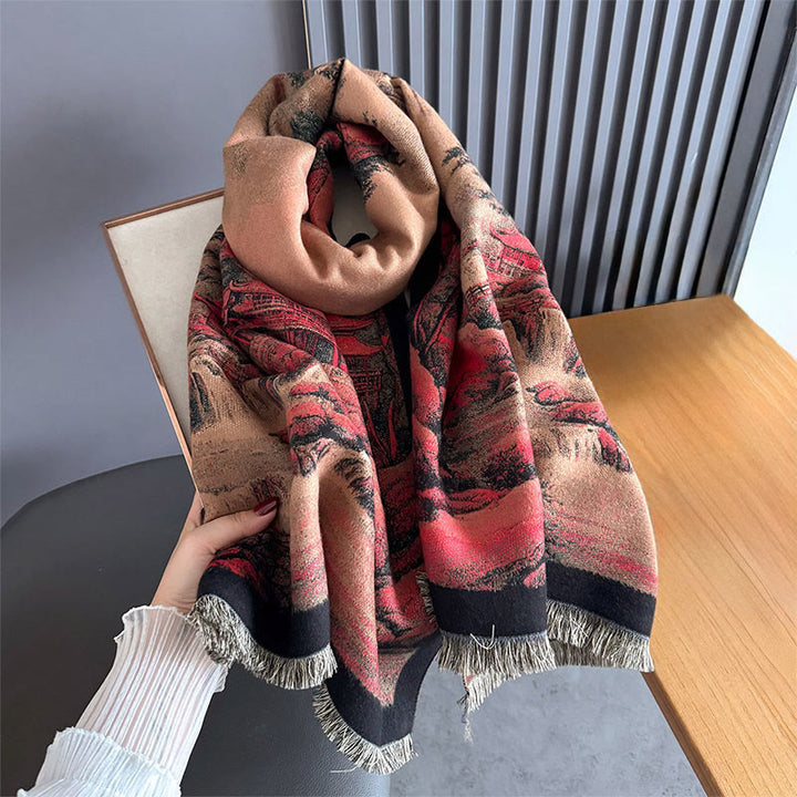 Bufanda chal gruesa y acogedora con borlas y estampado de paisaje invernal de Buddha Stones - image 2