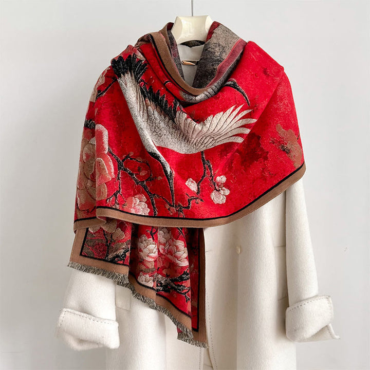 Bufanda chal suave y acogedora con borlas, diseño de flor de ciruelo, loto y grulla otoñal de Buddha Stones - Rojo - 180*65 cm - image 0