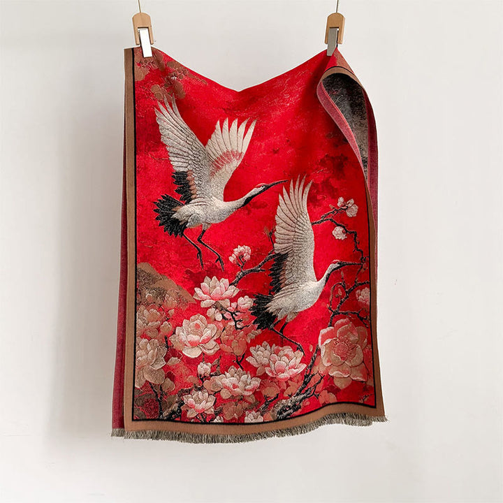 Bufanda chal suave y acogedora con borlas, diseño de flor de ciruelo, loto y grulla otoñal de Buddha Stones - image 1