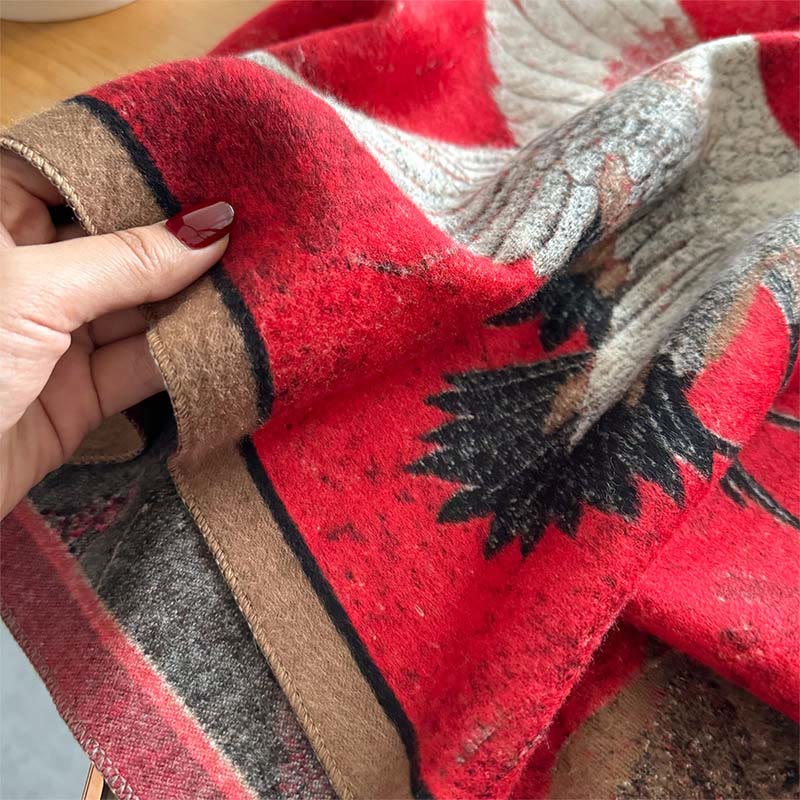 Bufanda chal suave y acogedora con borlas, diseño de flor de ciruelo, loto y grulla otoñal de Buddha Stones - image 3