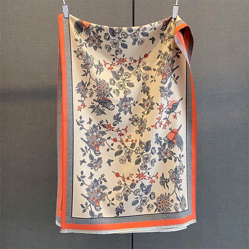 Bufanda chal suave y acogedora con diseño de pájaros, flores y Buddha Stones, con borlas y diseño en contraste de colores - image 1