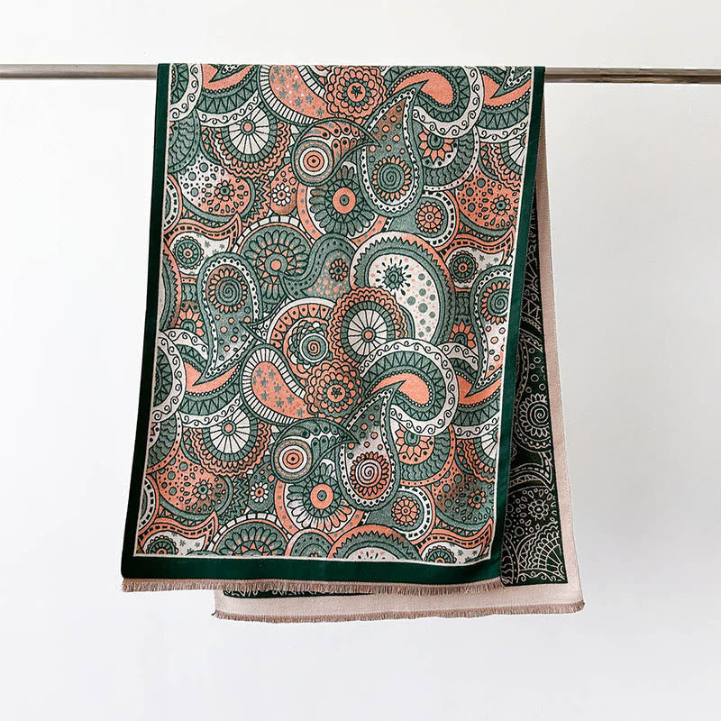 Bufanda chal suave con borlas y estampado geométrico de cachemira de estilo étnico invernal con Buddha Stones - Verde oscuro - 186*66 cm - image 6