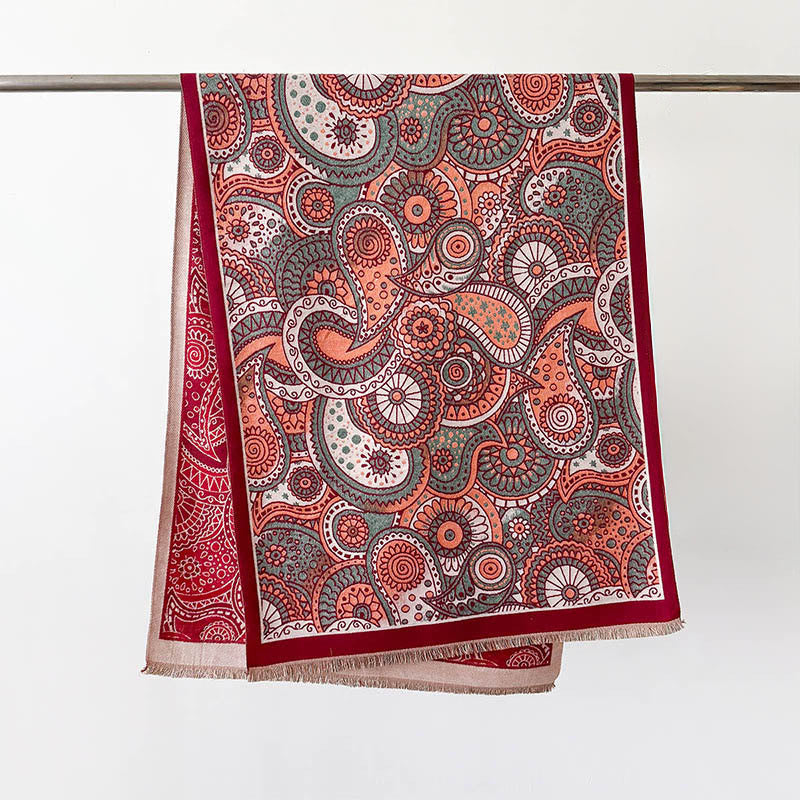 Bufanda chal suave con borlas y estampado geométrico de cachemira de estilo étnico invernal con Buddha Stones - Rojo - 186*66 cm - image 9