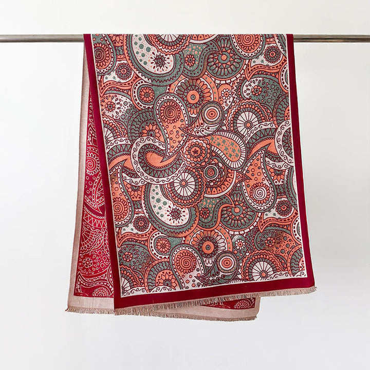 Bufanda chal suave con borlas y estampado geométrico de cachemira de estilo étnico invernal con Buddha Stones - Rojo - 186*66 cm - image 9