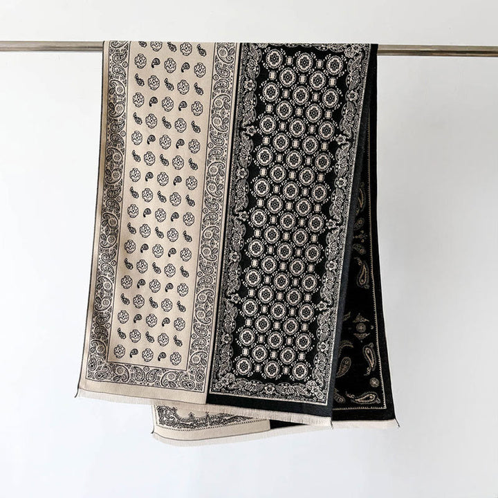 Bufanda chal gruesa, suave, térmica y con borlas, con diseño étnico de cachemira y geometría de patchwork y Buddha Stones - Negro - 186*66 cm - image 5