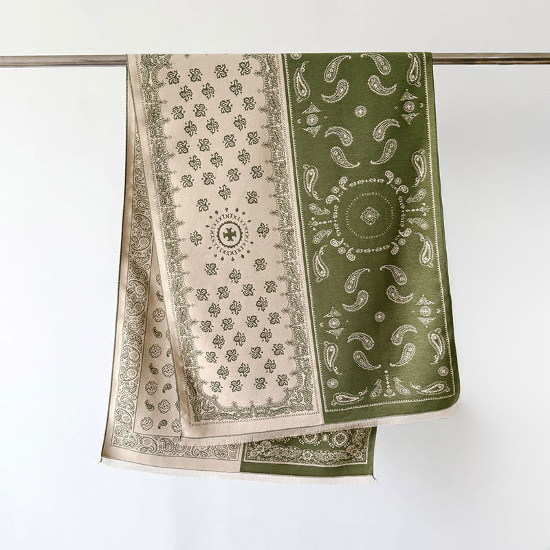 Bufanda chal gruesa, suave, térmica y con borlas, con diseño étnico de cachemira y geometría de patchwork y Buddha Stones - Verde oliva - 186*66 cm - image 12