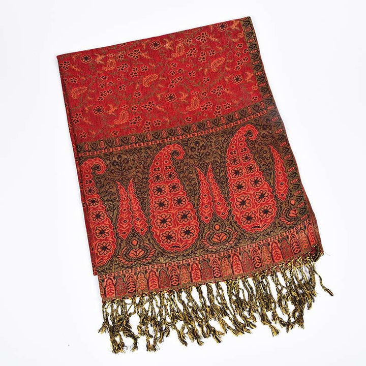 Bufanda chal acogedora con borlas y estampado de cachemira y patchwork en contraste de colores de jacquard con Buddha Stones - Rojo - image 6