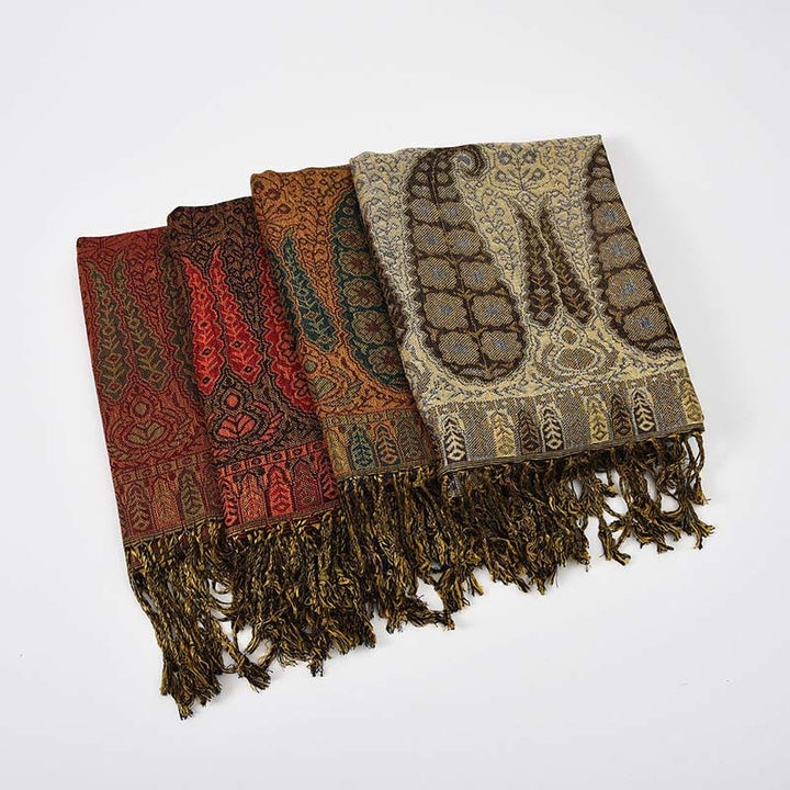 Bufanda chal acogedora con borlas y estampado de cachemira y patchwork en contraste de colores de jacquard con Buddha Stones - image 9