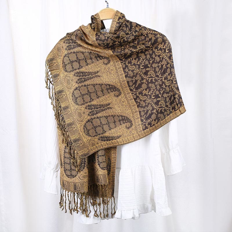 Bufanda chal acogedora con borlas y estampado de cachemira y patchwork en contraste de colores de jacquard con Buddha Stones - vara de oro - image 0