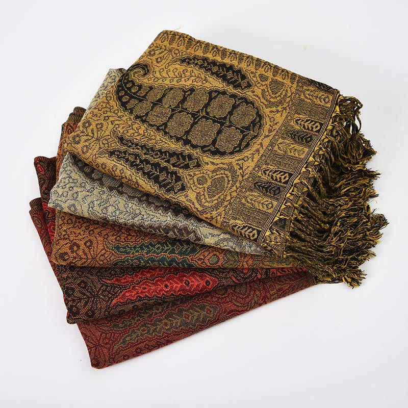 Bufanda chal acogedora con borlas y estampado de cachemira y patchwork en contraste de colores de jacquard con Buddha Stones - image 10