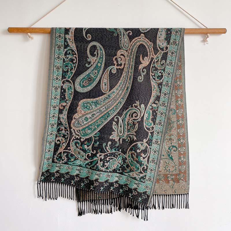 Bufanda chal térmica con borlas y estampado floral de cachemira para el viaje de invierno con Buddha Stones - Negro - 200*65 cm - image 5