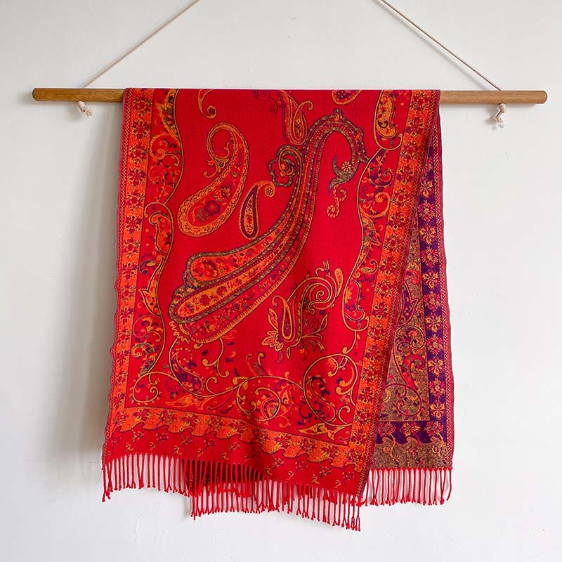 Bufanda chal térmica con borlas y estampado floral de cachemira para el viaje de invierno con Buddha Stones - Rojo - 200*65 cm - image 8