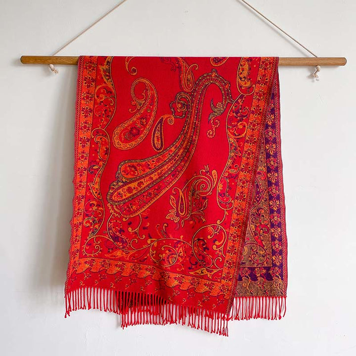 Bufanda chal térmica con borlas y estampado floral de cachemira para el viaje de invierno con Buddha Stones - Rojo - 200*65 cm - image 8
