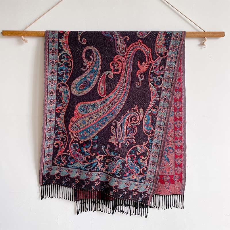 Bufanda chal térmica con borlas y estampado floral de cachemira para el viaje de invierno con Buddha Stones - Magenta oscuro - 200*65 cm - image 4