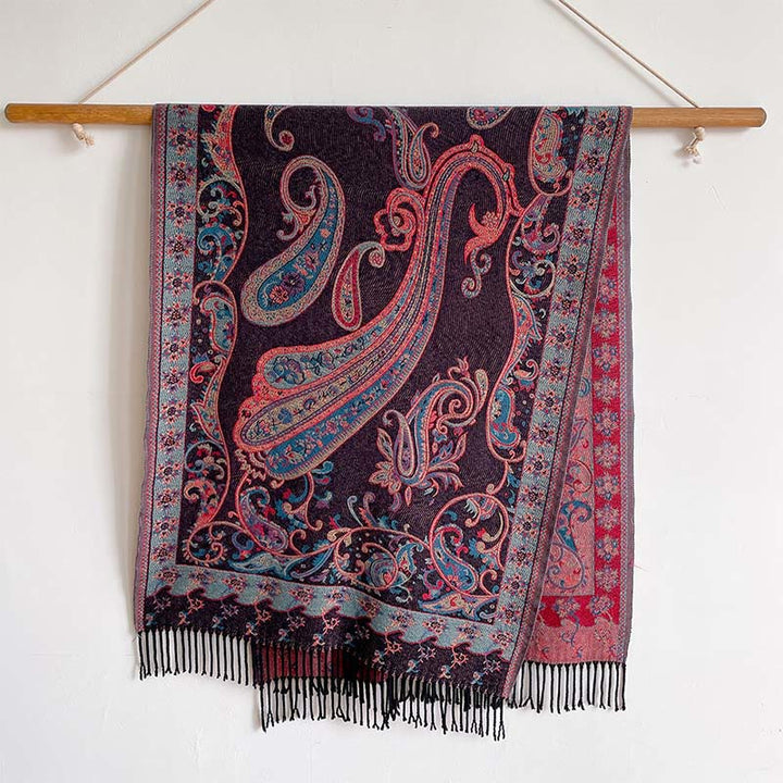 Bufanda chal térmica con borlas y estampado floral de cachemira para el viaje de invierno con Buddha Stones - Magenta oscuro - 200*65 cm - image 4