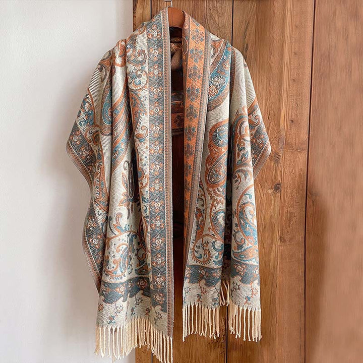 Bufanda chal térmica con borlas y estampado floral de cachemira para el viaje de invierno con Buddha Stones - Lino - 200*65 cm - image 0