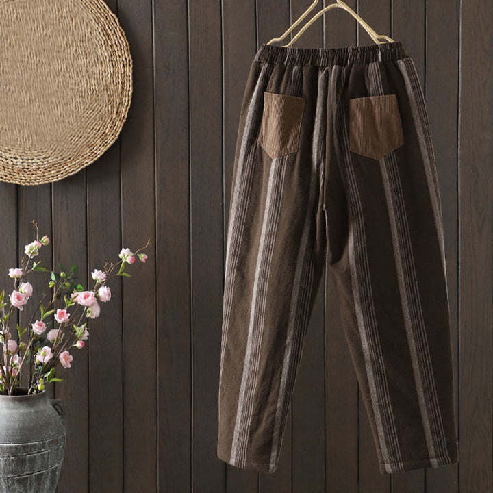 Pantalones harén acolchados de pana de algodón a rayas térmicas Buddha Stones Commute para mujer con bolsillos - image 1