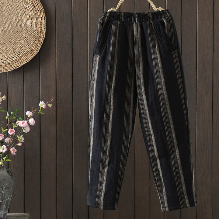 Pantalones harén acolchados de pana de algodón a rayas térmicas Buddha Stones Commute para mujer con bolsillos - Negro - US8-10，UK/AU12-14，EU40-42 (2XL) - image 9