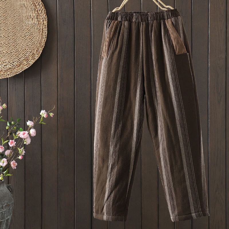 Pantalones harén de algodón a rayas térmicas Buddha Stones Commute para mujer con bolsillos - Marrón silla de montar - US8-10，UK/AU12-14，EU40-42 (2XL) - image 0