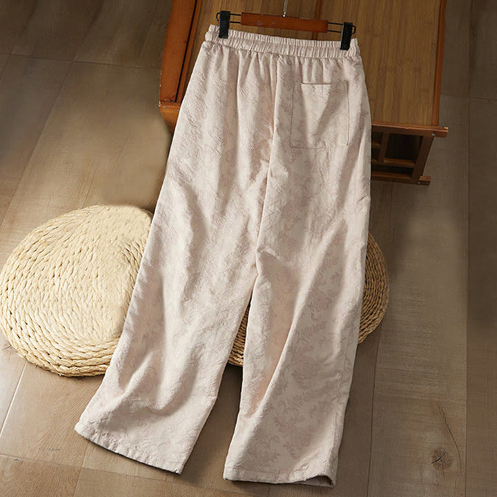 Pantalones de algodón de pierna ancha para mujer con estampado floral de jacquard térmico de invierno y bolsillos . - image 8